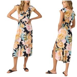 O'Neill Zetta Short- Sleeve V- Neck Midi Dress Tropical Print Size Large